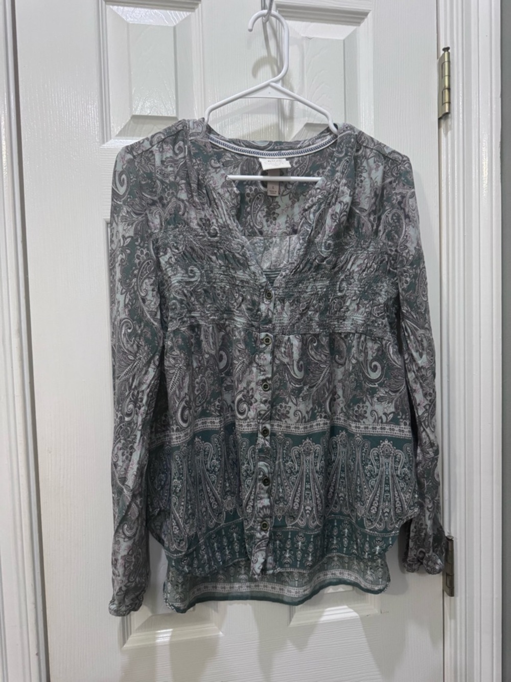 Knox Rose Paisley Button-Front Shirt in Teal and Gray